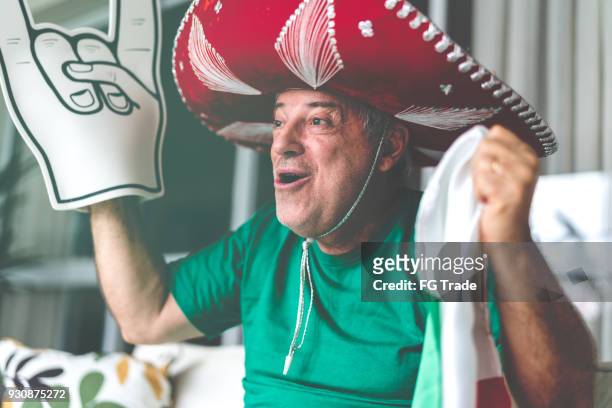 mexikanska senior fläkt titta på fotbollsmatch hemma - mexico soccer bildbanksfoton och bilder