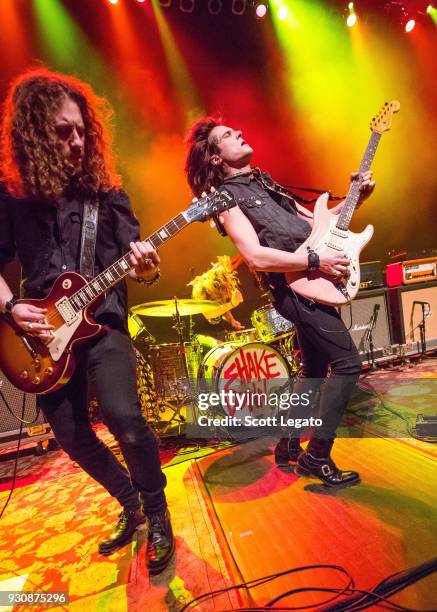 Graham Whitford and Tyler Bryant of Tyler Bryant & The Shakedown perform at The Fillmore on March 10, 2018 in Detroit, Michigan.