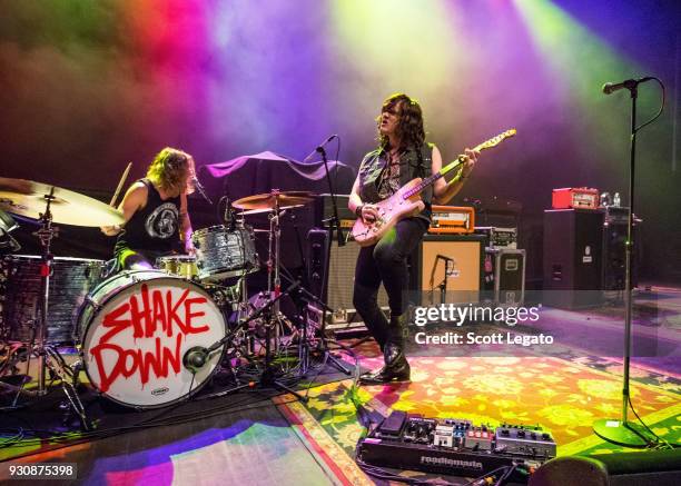 Caleb Crosby and Tyler Bryant of Tyler Bryant & The Shakedown at perform The Fillmore on March 10, 2018 in Detroit, Michigan.