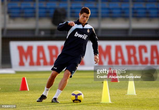 Cristiano Ronaldo of Real Madrid in action during a training session at Valdebebas on November 16, 2009 in Madrid, Spain.