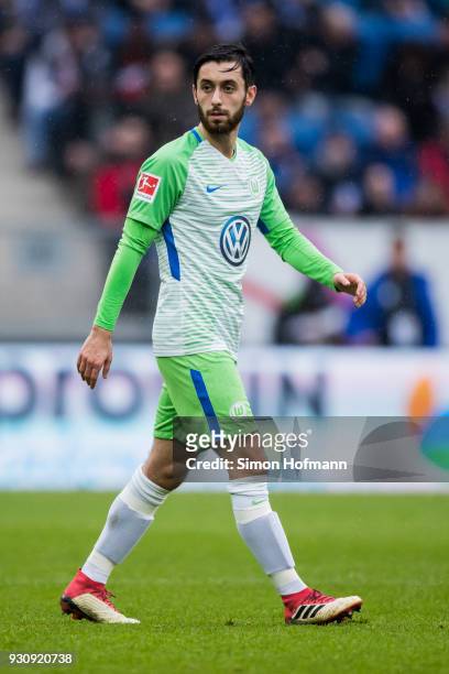 Yunus Malli of Wolfsburg looks on during the Bundesliga match between TSG 1899 Hoffenheim and VfL Wolfsburg at Wirsol Rhein-Neckar-Arena on March 10,...