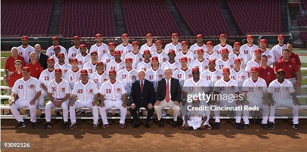 The 2009 Cincinnati Reds team photo taken at Great American Ballpark on September 16, 2009 in Cincinnati, Ohio. First Row: Pitching Coach Dick Pole,...