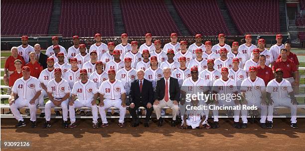 The 2009 Cincinnati Reds team photo taken at Great American Ballpark on September 16, 2009 in Cincinnati, Ohio. First Row: Pitching Coach Dick Pole,...