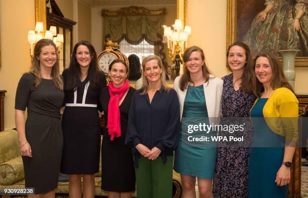 The Countess of Wessex with the 'Ice Maidens' expedition team Captain Zanna Baker, Lance Sergeant Sophie Montagne, Major Natalie Taylor, Major Nics...