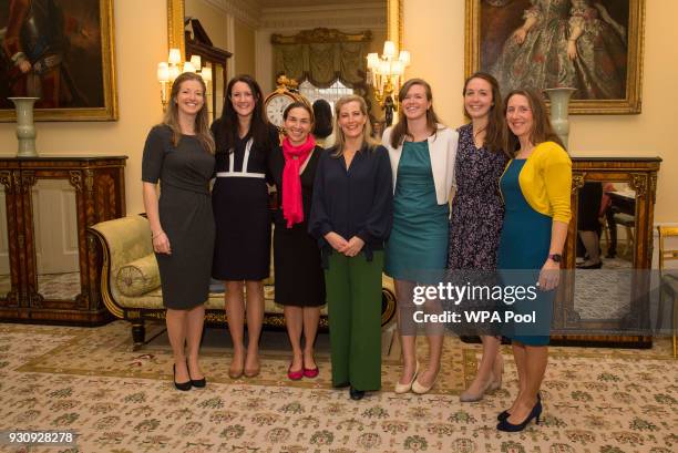 The Countess of Wessex with the 'Ice Maidens' expedition team Captain Zanna Baker, Lance Sergeant Sophie Montagne, Major Natalie Taylor, Major Nics...