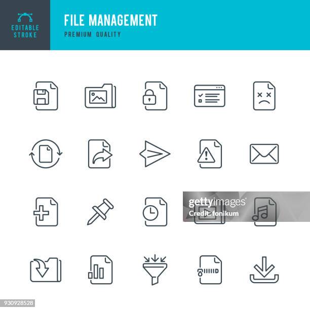 ilustrações de stock, clip art, desenhos animados e ícones de file management - set of thin line vector icons - dossier