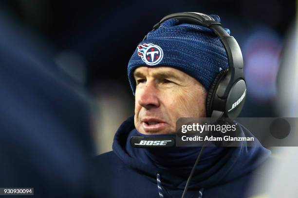 Head coach Mike Mularkey of the Tennessee Titans looks on in the second quarter of the AFC Divisional Playoff game against the New England Patriots...