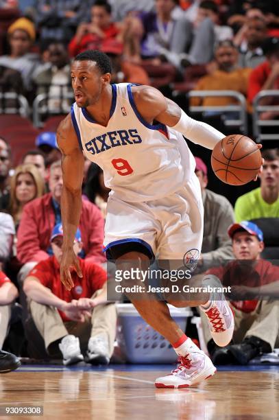 Andre Iguodala of the Philadelphia 76ers drives the ball upcourt against the Phoenix Suns during the game on November 9, 2009 at Wachovia Center in...