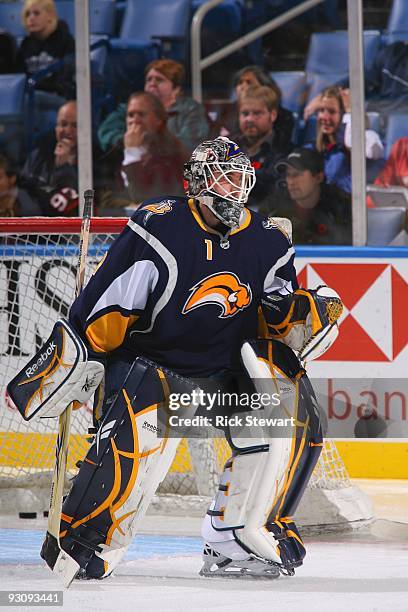 Jonas Enroth of the Buffalo Sabres skates during warm ups prior to a game against the Edmonton Oilers at HSBC Arena on November 11, 2009 in Buffalo,...