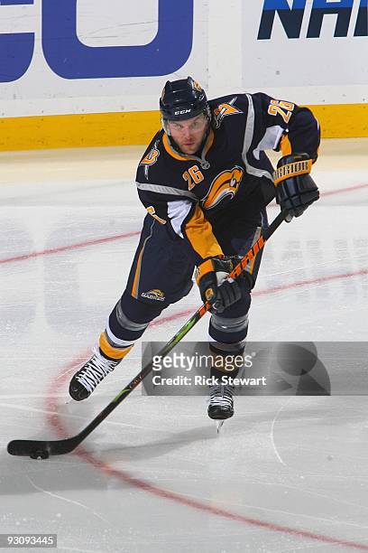 Thomas Vanek of the Buffalo Sabres skates with the puck during the game against the Edmonton Oilers at HSBC Arena on November 11, 2009 in Buffalo,...