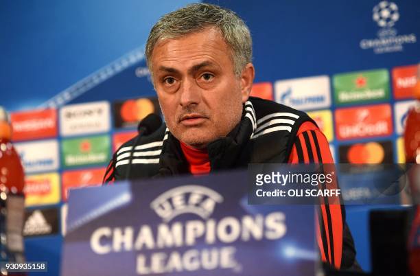 Manchester United's Portuguese manager Jose Mourinho attends a press conference following a team training session, at Old Trafford stadium in...