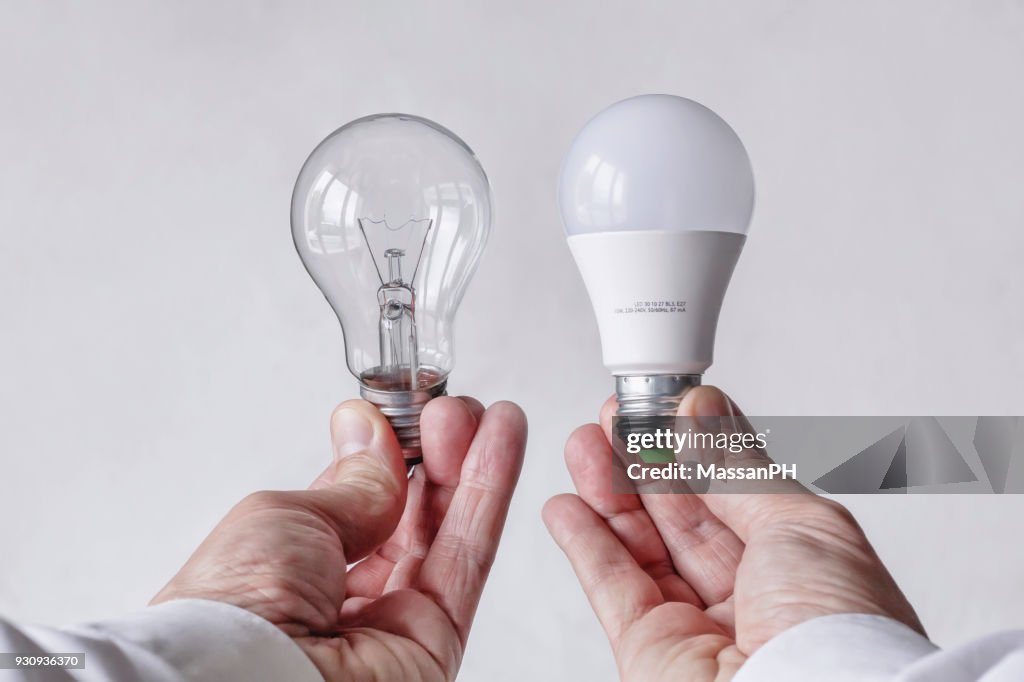 Incandescent light bulb and LED lamp being compared