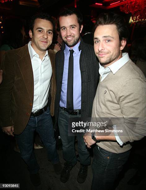 Fred Savage, Rob McElhenney and Charlie Day attend the celebration of the release of "A Very Sunny Christmas" at Guys and Dolls Lounge on November...
