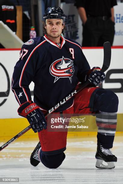 Defenseman Rostislav Klesla of the Columbus Blue Jackets stretches before a game against the Anaheim Ducks on November 13, 2009 at Nationwide Arena...