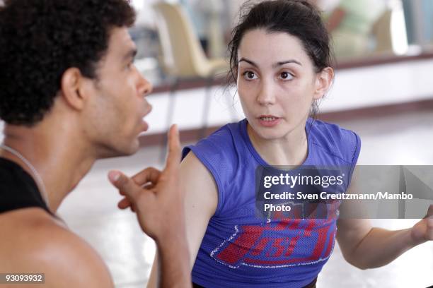 Cuban dancer Carlos Acosta talks to Tamara Rojo from Spain, while the Royal ballet rehearses "Manon" in Cuba's National Ballet School, on July 16 in...