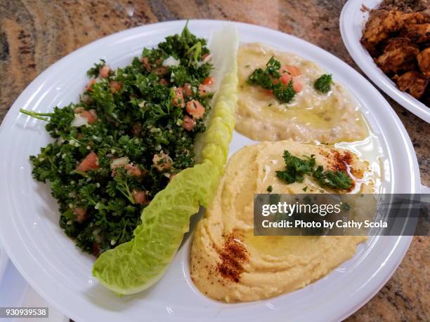 tabbouleh, hummus and baba ganoush - mincing stock pictures, royalty-free photos & images
