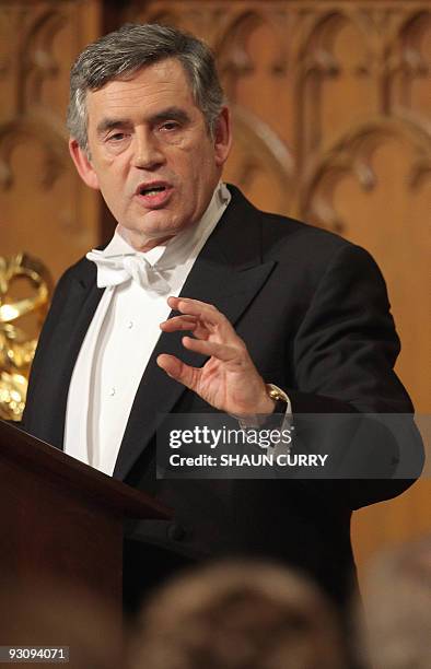 Britain's Prime Minister Gordon Brown delivers a speech as he attends the City of London Lord Mayor's Banquet at the Guildhall, in central London, on...