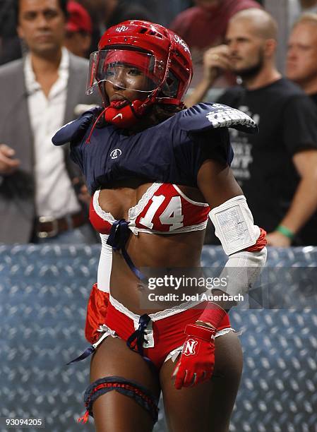 Tanyka Renee of the New York Majesty comes back onto the field after a time out against the Miami Caliente on November 13, 2009 at the BankAtlantic...