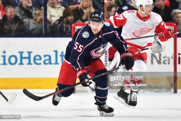 Mark Letestu of the Columbus Blue Jackets skates against the Detroit Red Wings on March 9, 2018 at Nationwide Arena in Columbus, Ohio.