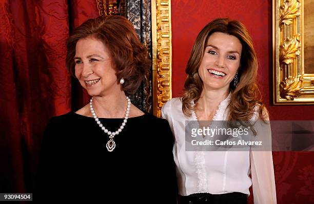 Queen Sofia of Spain and Princess Letizia of Spain attend a Dinner honouring Hungarian President Laslo Solyom at the Royal Palace on November 16,...