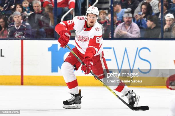 Danny DeKeyser of the Detroit Red Wings skates against the Columbus Blue Jackets on March 9, 2018 at Nationwide Arena in Columbus, Ohio.