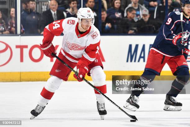 Gustav Nyquist of the Detroit Red Wings skates against the Columbus Blue Jackets on March 9, 2018 at Nationwide Arena in Columbus, Ohio.