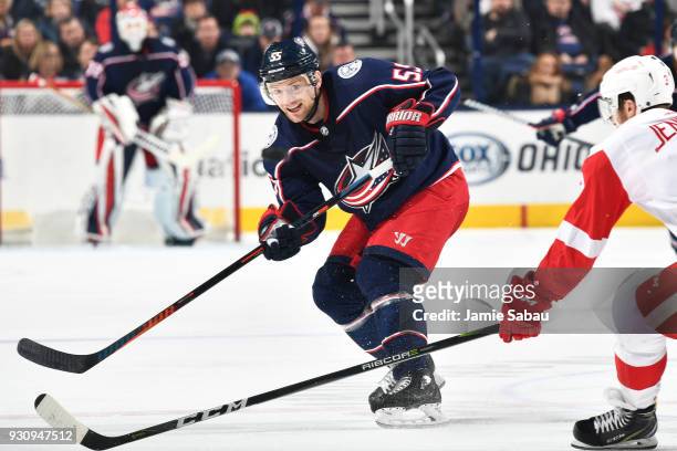 Mark Letestu of the Columbus Blue Jackets skates against the Detroit Red Wings on March 9, 2018 at Nationwide Arena in Columbus, Ohio.