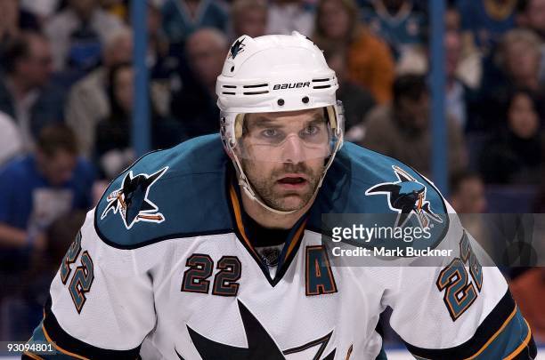 Dan Boyle of the San Jose Sharks waits for a face off during a game against the St. Louis Blues on November 14, 2009 at Scottrade Center in St....