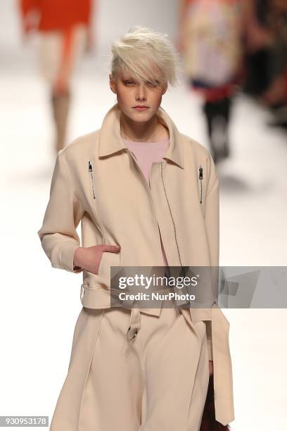 Model walks the catwalk during the fashion designer Ricardo Preto Fall / Winter 2018 - 2019 collection runway show at the 50 edition of Lisboa...