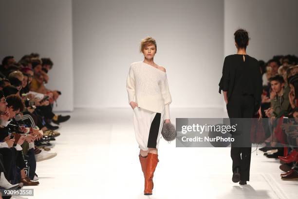 Model walks the catwalk during the fashion designer Ricardo Preto Fall / Winter 2018 - 2019 collection runway show at the 50 edition of Lisboa...