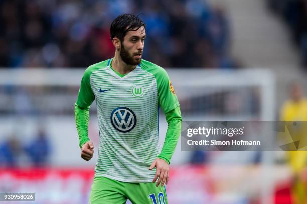 Yunus Malli of Wolfsburg looks on during the Bundesliga match between TSG 1899 Hoffenheim and VfL Wolfsburg at Wirsol Rhein-Neckar-Arena on March 10,...