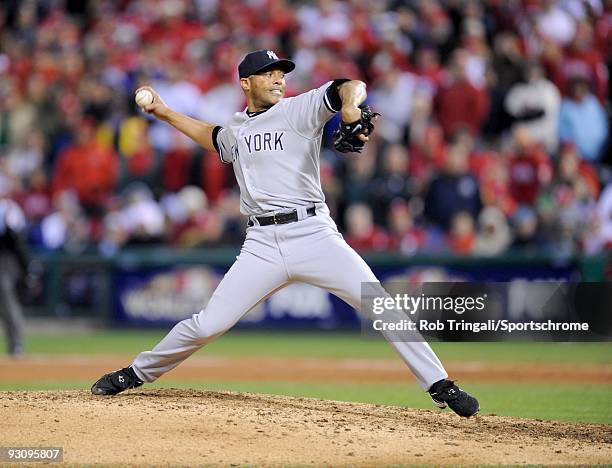 Mariano Rivera of the New York Yankees pitches against the Philadelphia Phillies in Game Four of the 2009 MLB World Series at Citizens Bank Park on...