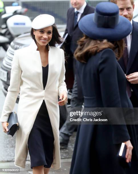 Meghan Markle and Catherine, Duchess of Cambridge attend the 2018 Commonwealth Day service at Westminster Abbey on March 12, 2018 in London, England.