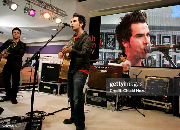 Adam Zindani, Kelly Jones and Zavier Weyler of Stereophonics perform at HMV on Oxford Street during a store appearance on November 16, 2009 in...