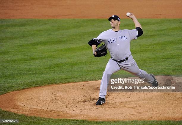 Andy Pettitte of the New York Yankees pitches against the Philadelphia Phillies in Game Three of the 2009 MLB World Series at Citizens Bank Park on...