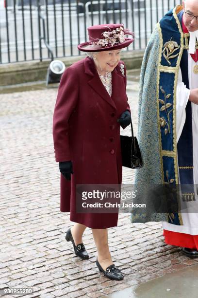 Queen Elizabeth II and the Dean of Westminster, the Very Reverend John Hall attend the 2018 Commonwealth Day service at Westminster Abbey on March...