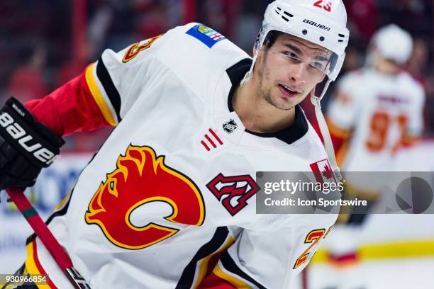 Calgary Flames Center Sean Monahan skates during warm-up before National Hockey League action between the Calgary Flames and Ottawa Senators on March...