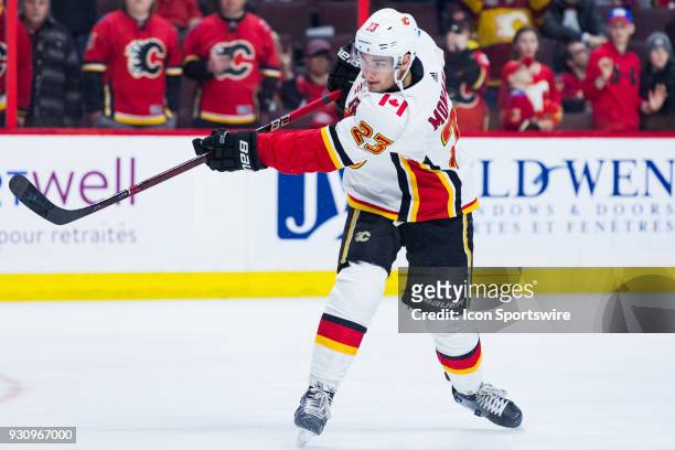 Calgary Flames Center Sean Monahan takes a shot during warm-up before National Hockey League action between the Calgary Flames and Ottawa Senators on...