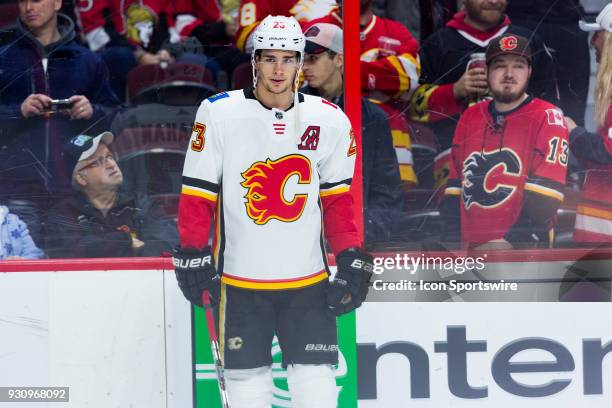 Calgary Flames Center Sean Monahan takes a moment during warm-up before National Hockey League action between the Calgary Flames and Ottawa Senators...