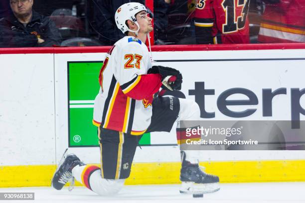 Calgary Flames Center Sean Monahan stretches during warm-up before National Hockey League action between the Calgary Flames and Ottawa Senators on...