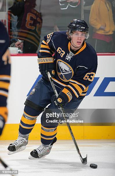 Tyler Ennis of the Buffalo Sabres, playing in his first NHL game, skates with the puck during the pregame warm ups against the Philadelphia Flyers on...
