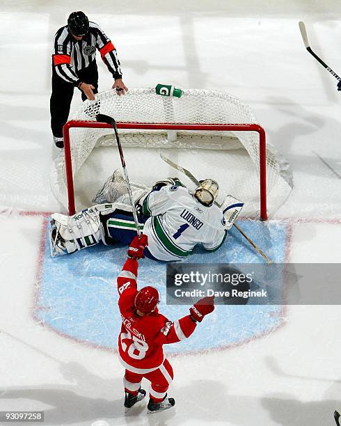 Brian Rafalski celebrates the goal scored by teammate Henrik Zetterberg on Roberto Luongo of the Vancouver Canucks as Referee Gord Dwyer signals that...