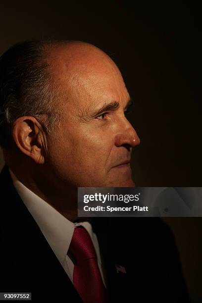 Former New York mayor Rudy Giuliani speaks to the media at the Molinari Republican Club dinner on November 16, 2009 in Staten Island, New York....
