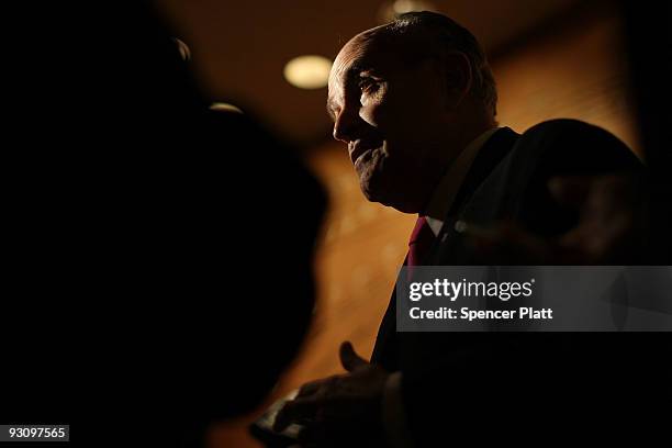 Former New York mayor Rudy Giuliani speaks to the media at the Molinari Republican Club dinner on November 16, 2009 in Staten Island, New York....