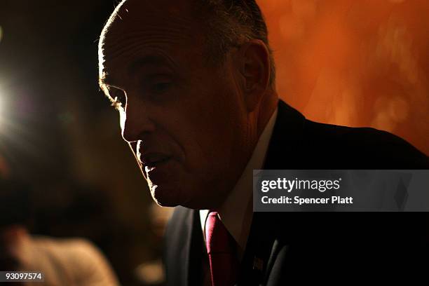 Former New York City mayor Rudy Giuliani speaks to the media at the Molinari Republican Club dinner on November 16, 2009 in Staten Island, New York....