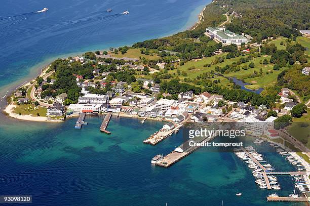 aerial view of mackinac island, michigan, usa - michigan stock pictures, royalty-free photos & images