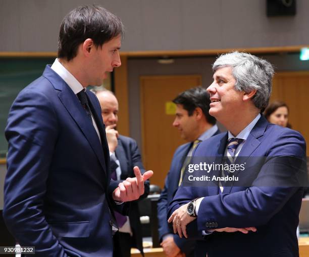 Eurogroup President and Portuguese Finance Minister Mario Centeno and Dutch Finance Minister Wopke Hoekstra attend the Eurogroup ministers' meeting...