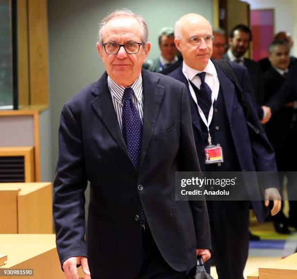 Italian Finance Minister Pietro Carlo Padoan attends the Eurogroup ministers' meeting in Brussels, Beligum on March 12, 2018.