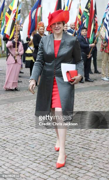 British Prime Minister Theresa May departs the 2018 Commonwealth Day service at Westminster Abbey on March 12, 2018 in London, England.