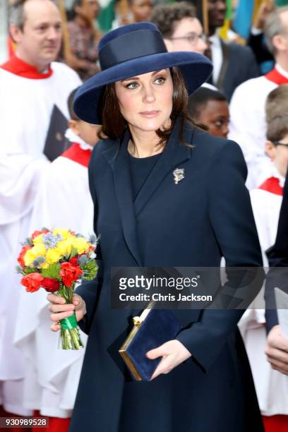 Catherine, Duchess of Cambridge departs the 2018 Commonwealth Day service at Westminster Abbey on March 12, 2018 in London, England.